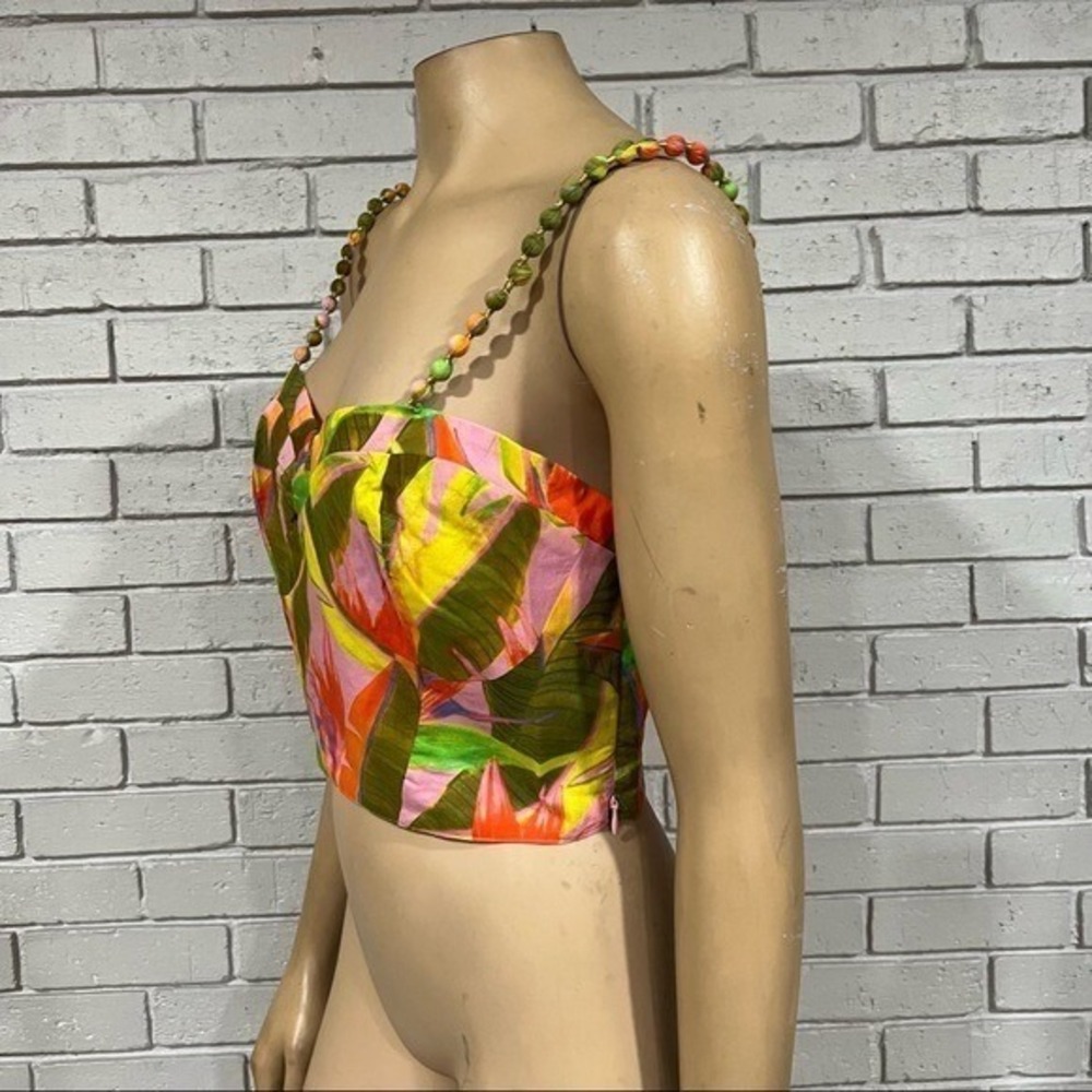 Farm Rio for Anthropologie Tropical Beaded Strap Bustier Crop Top Pink Green | M - Picture 10 of 10